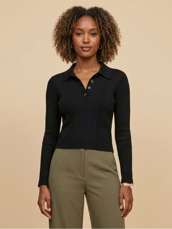 Reformation Sweaters - REFORMATION | Black Hermia Regenerative Merino Ribbed Polo Knit Sweater Sz M